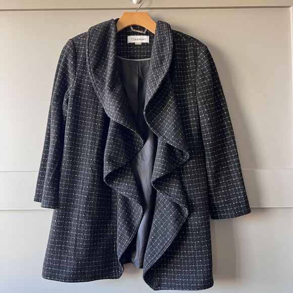 Calvin Klein Sweater Womens 4 Black White Open Front Ruffle Collar Tweed Jacket - Picture 1 of 13